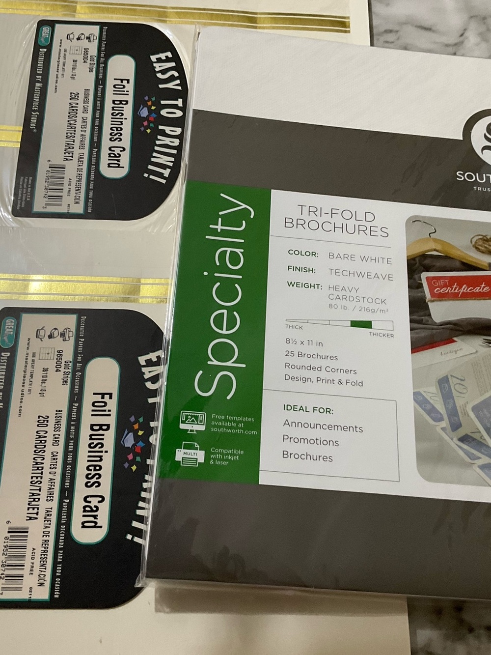 Specialty Tri-Fold Brochures and Foil Business Cards White Cream Stationery